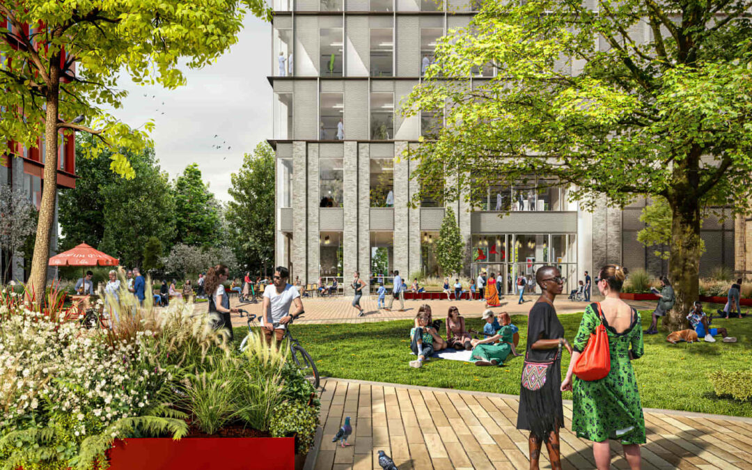CGI of people relaxing in square outside new office building