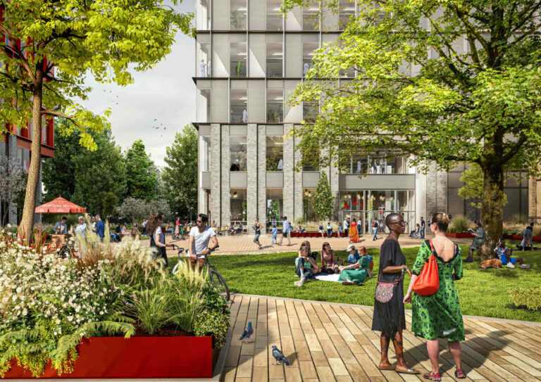 CGI of people relaxing in square outside new office building