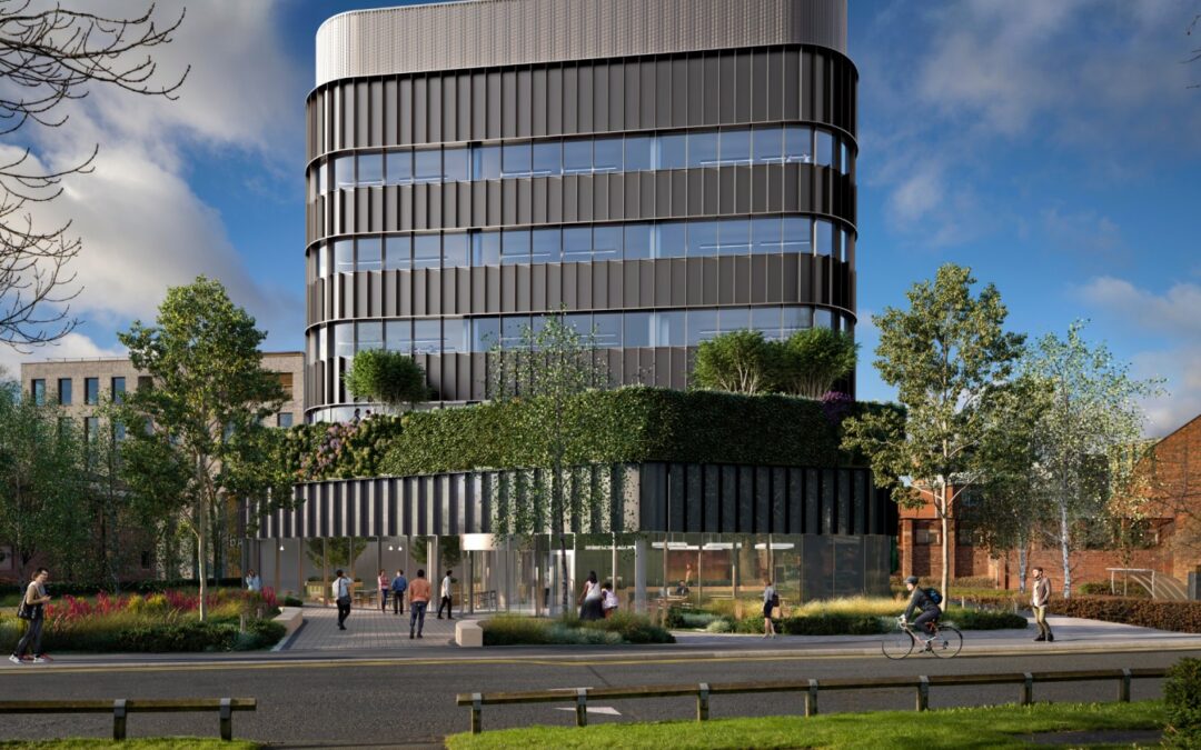 CGI of lab development greenheys six storeys and glass and metal facade with blue skies