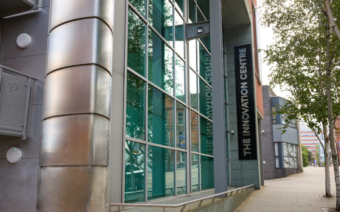 external shot of innovation centre sheffield with sign outside