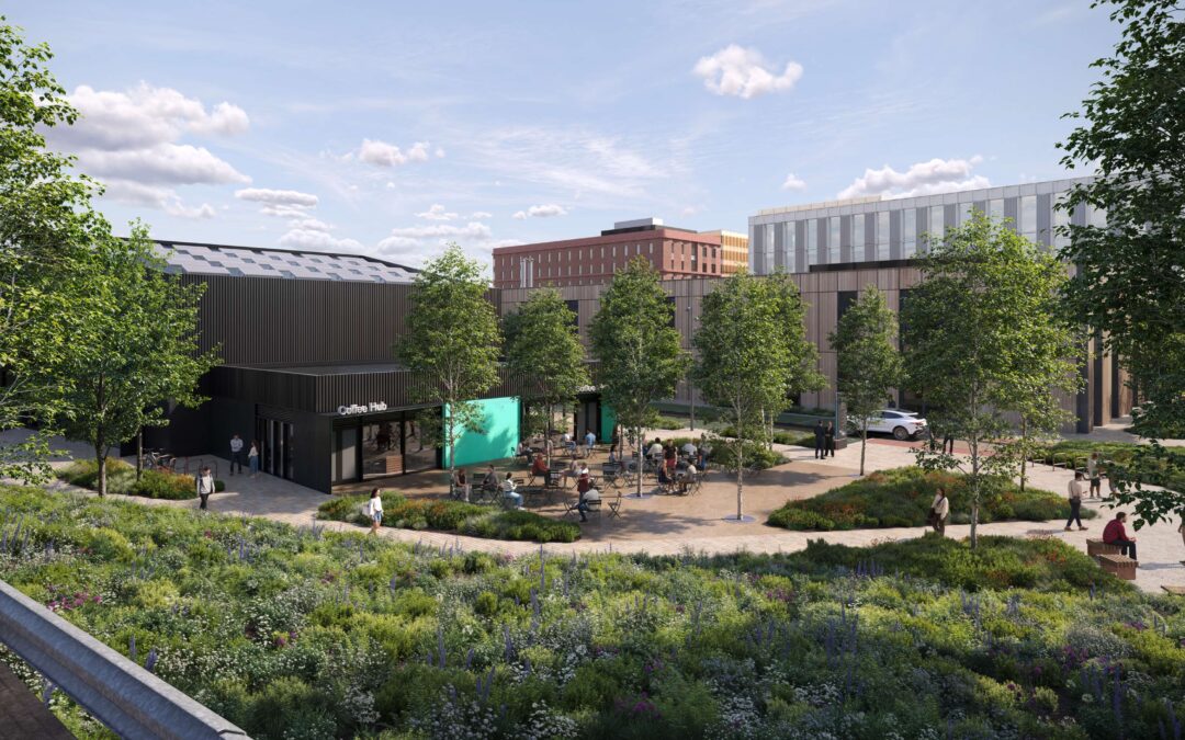 cgi of communal modern buildings with coffee hub at mix manchester