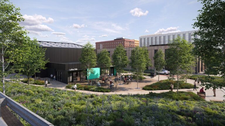 cgi of communal modern buildings with coffee hub at mix manchester